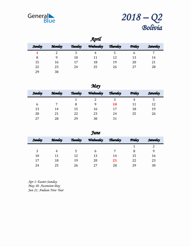 April, May, and June Calendar for Bolivia with Sunday Start