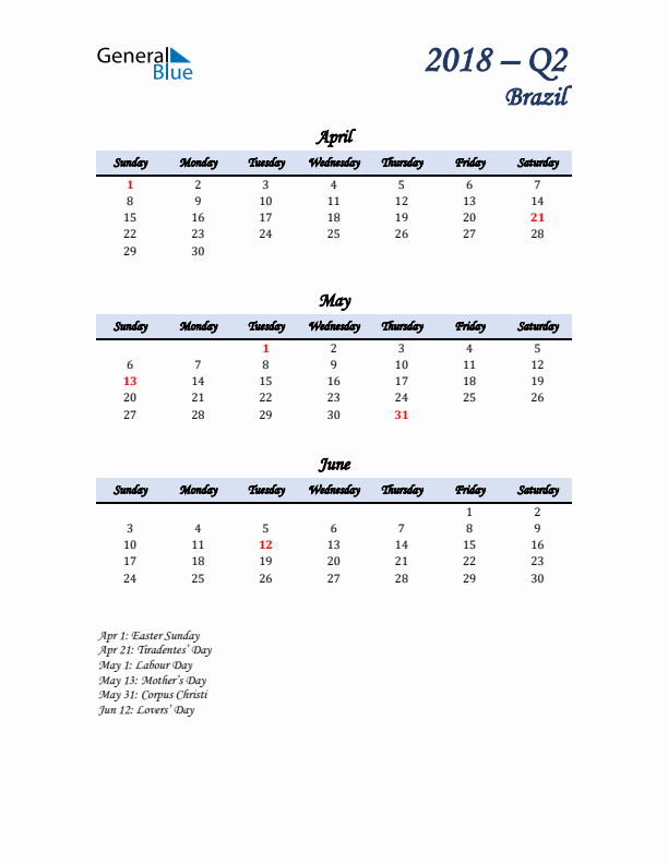 April, May, and June Calendar for Brazil with Sunday Start