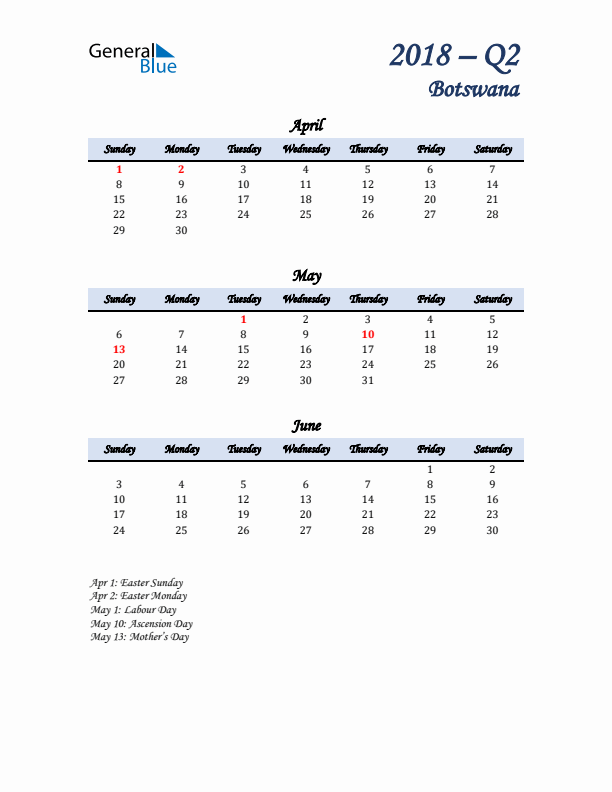 April, May, and June Calendar for Botswana with Sunday Start