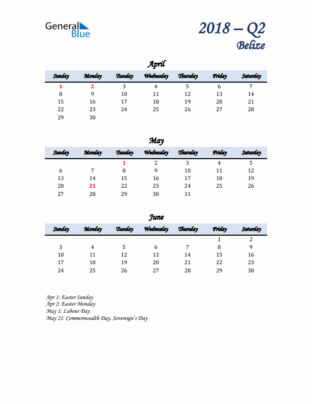 April, May, and June Calendar for Belize with Sunday Start