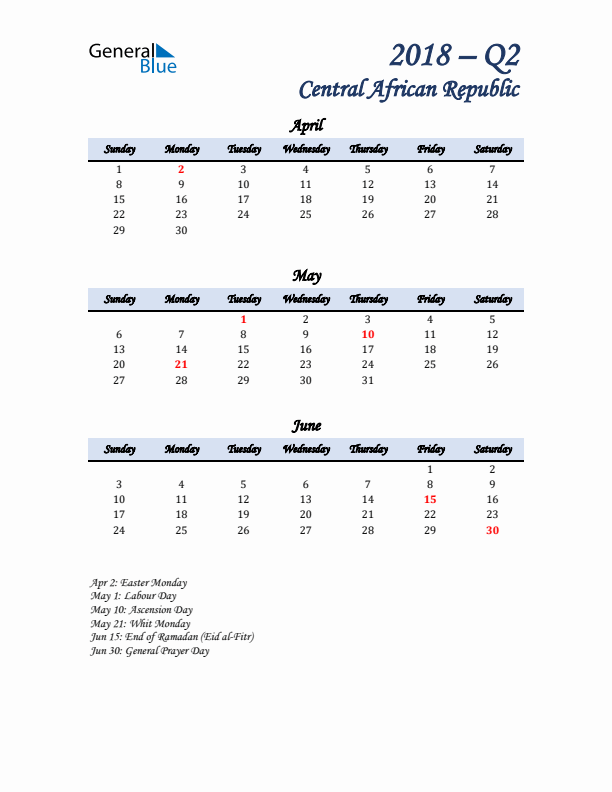 April, May, and June Calendar for Central African Republic with Sunday Start