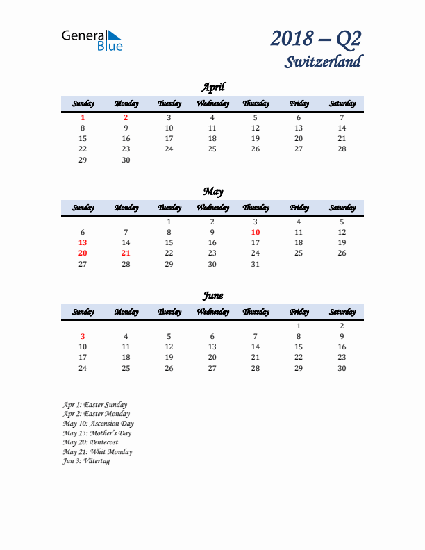 April, May, and June Calendar for Switzerland with Sunday Start