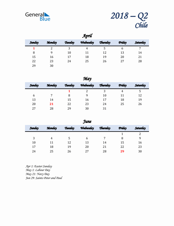 April, May, and June Calendar for Chile with Sunday Start