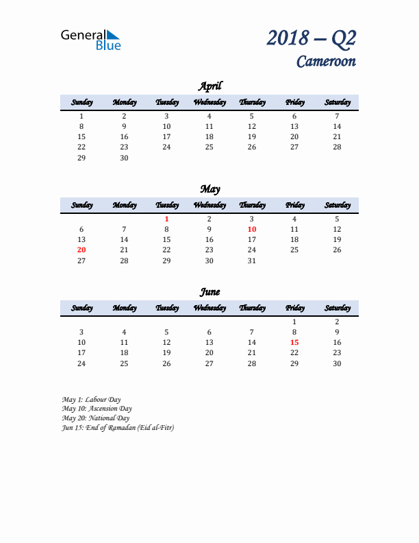 April, May, and June Calendar for Cameroon with Sunday Start