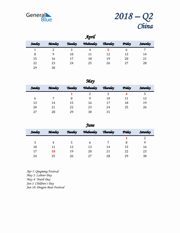 April, May, and June Calendar for China with Sunday Start