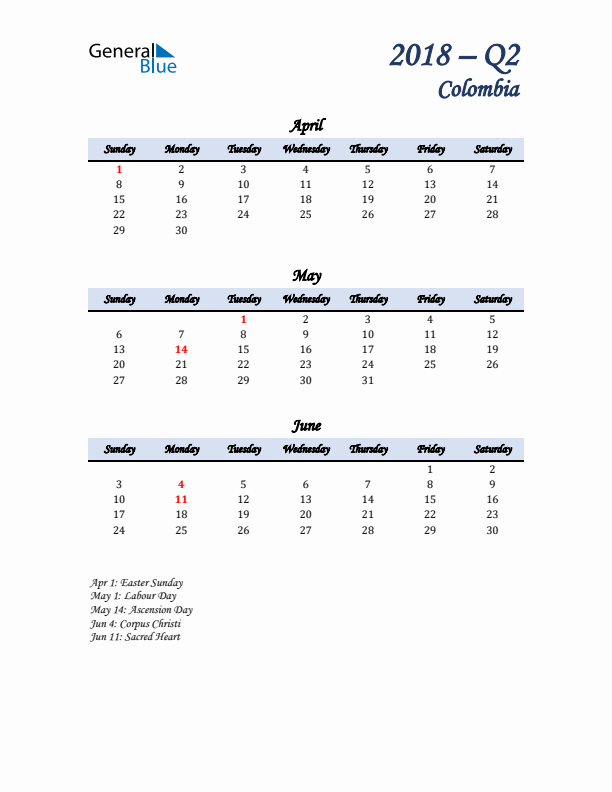 April, May, and June Calendar for Colombia with Sunday Start