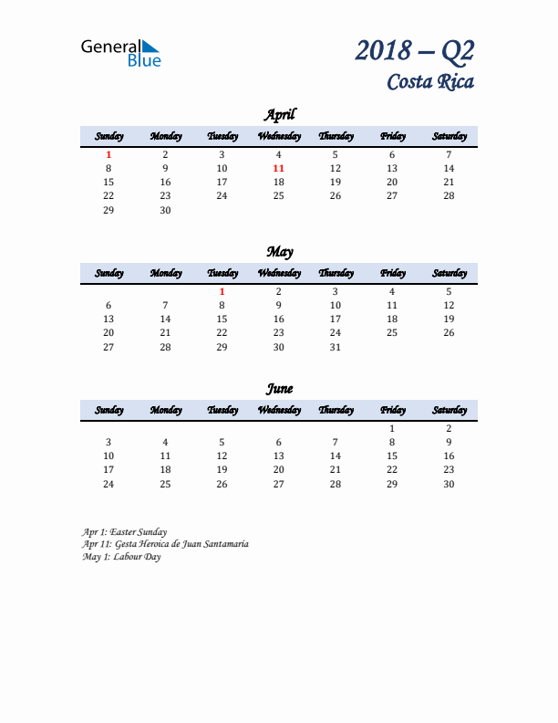 April, May, and June Calendar for Costa Rica with Sunday Start