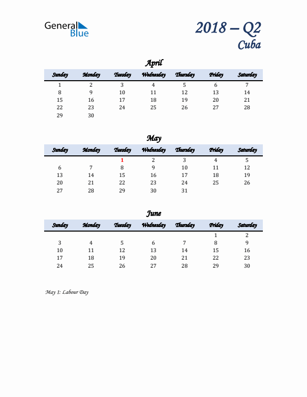 April, May, and June Calendar for Cuba with Sunday Start