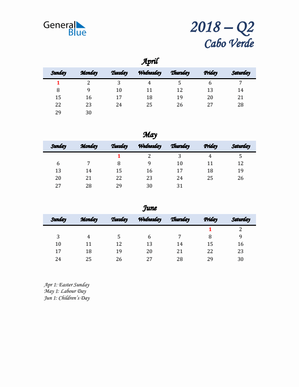 April, May, and June Calendar for Cabo Verde with Sunday Start