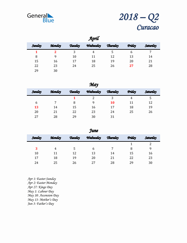 April, May, and June Calendar for Curacao with Sunday Start