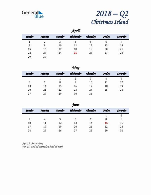 April, May, and June Calendar for Christmas Island with Sunday Start