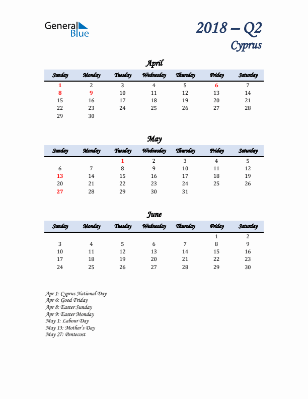 April, May, and June Calendar for Cyprus with Sunday Start