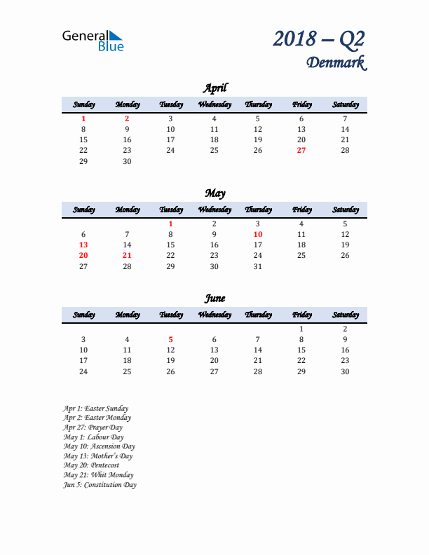 April, May, and June Calendar for Denmark with Sunday Start