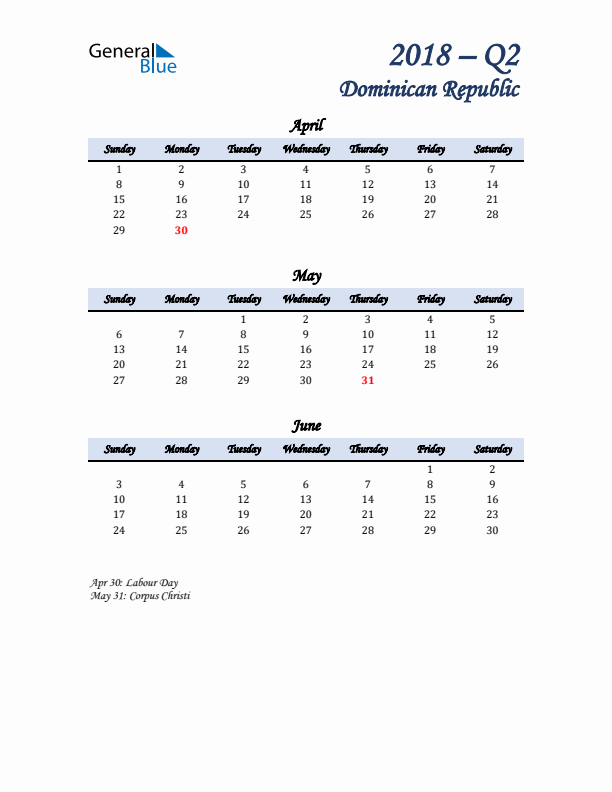 April, May, and June Calendar for Dominican Republic with Sunday Start