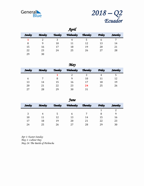 April, May, and June Calendar for Ecuador with Sunday Start