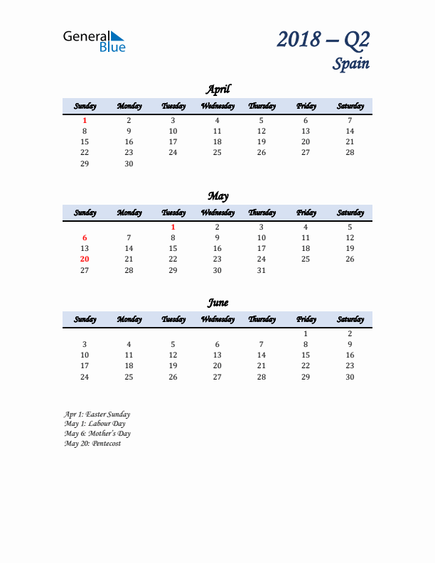 April, May, and June Calendar for Spain with Sunday Start