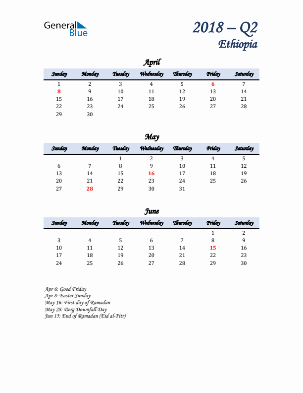 April, May, and June Calendar for Ethiopia with Sunday Start