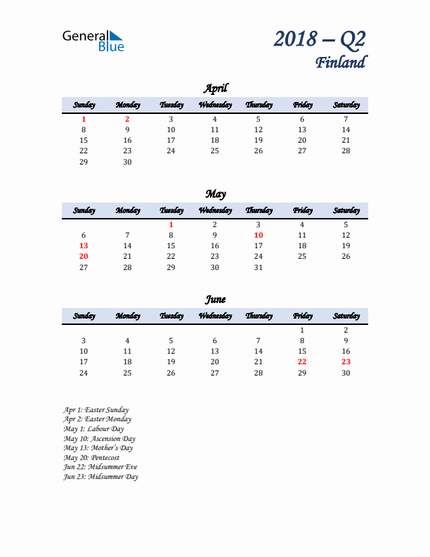 April, May, and June Calendar for Finland with Sunday Start