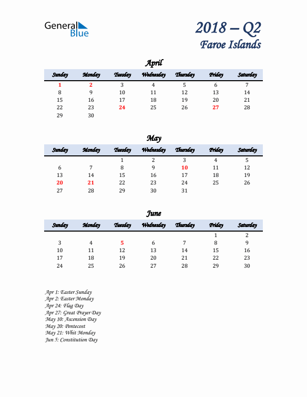 April, May, and June Calendar for Faroe Islands with Sunday Start