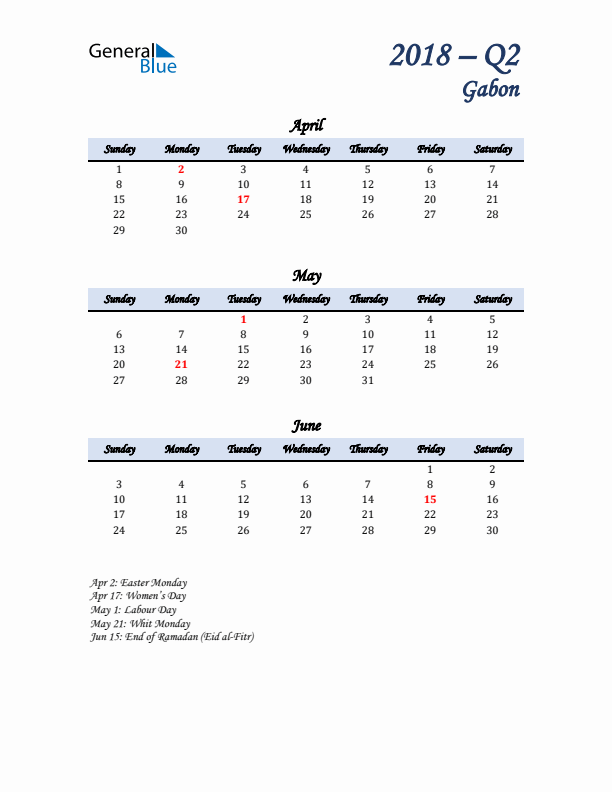 April, May, and June Calendar for Gabon with Sunday Start