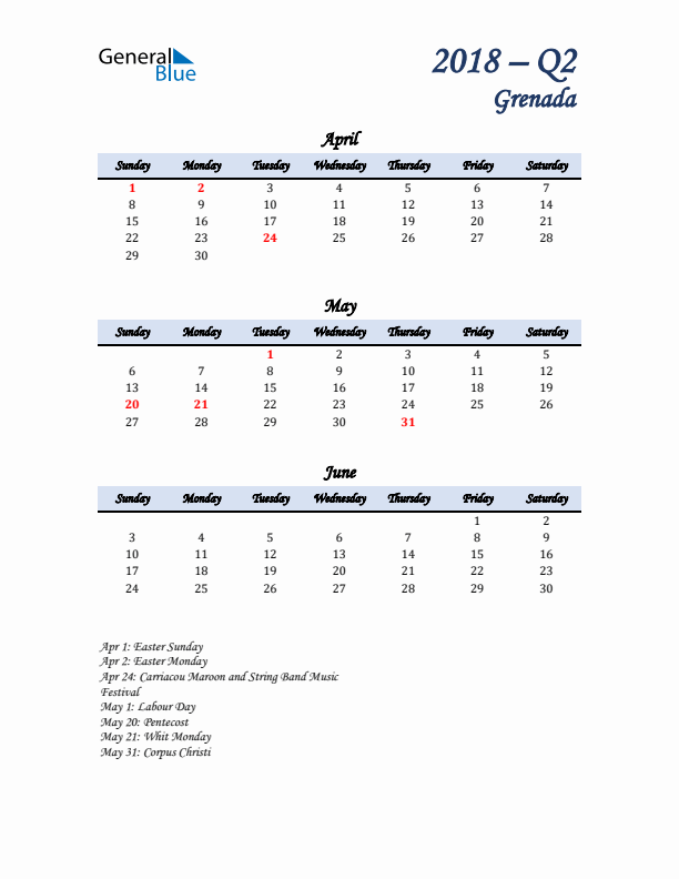 April, May, and June Calendar for Grenada with Sunday Start