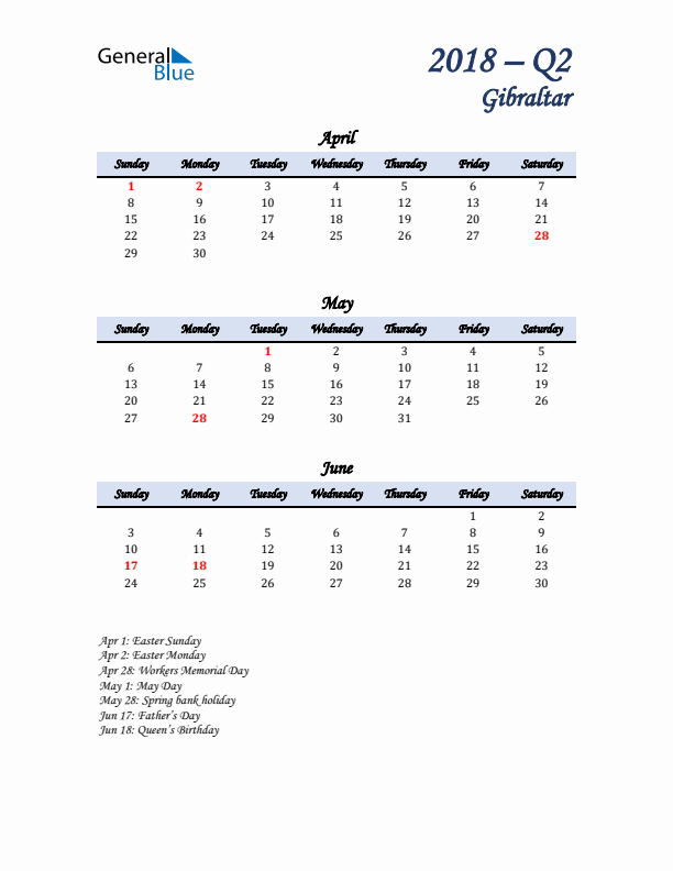 April, May, and June Calendar for Gibraltar with Sunday Start