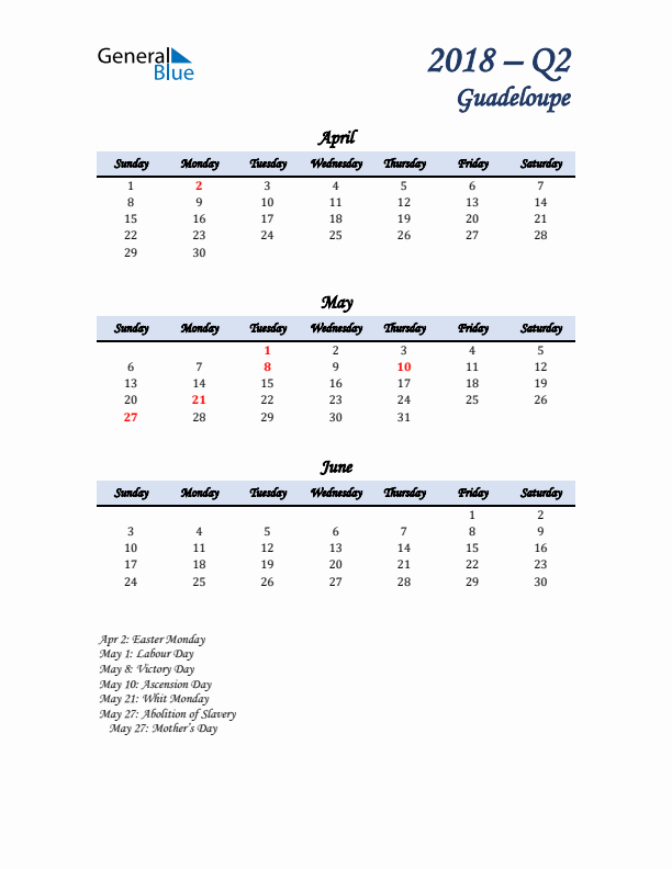 April, May, and June Calendar for Guadeloupe with Sunday Start