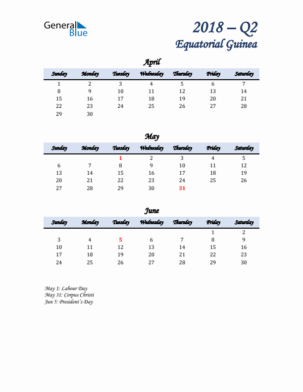 April, May, and June Calendar for Equatorial Guinea with Sunday Start