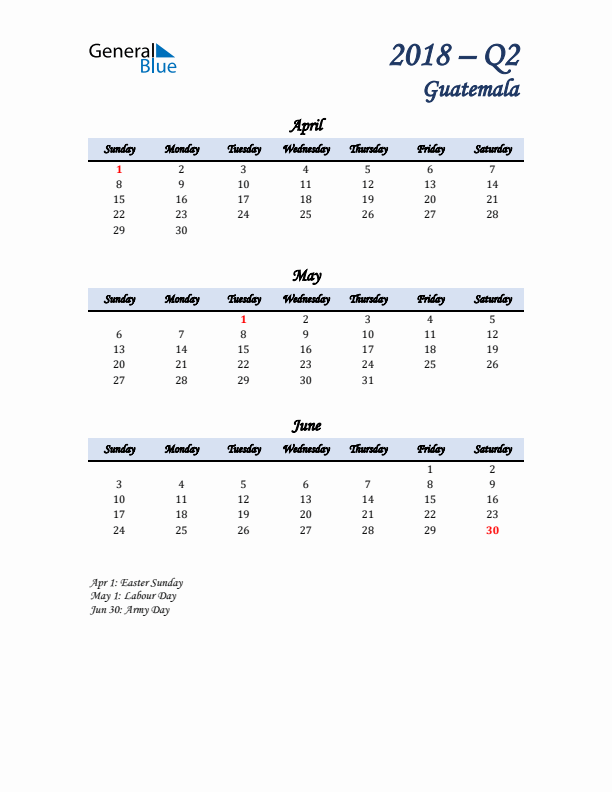 April, May, and June Calendar for Guatemala with Sunday Start