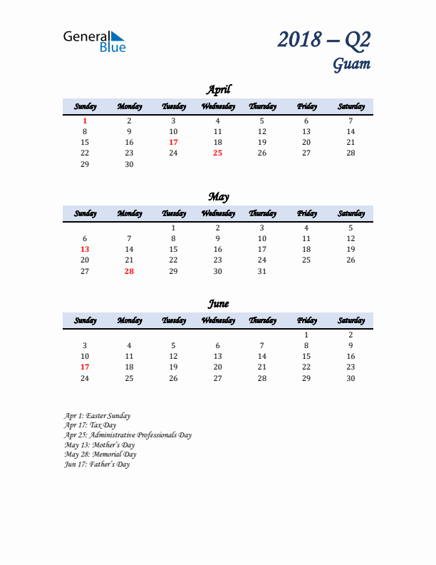 April, May, and June Calendar for Guam with Sunday Start