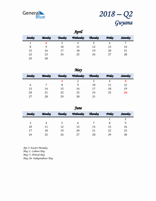 April, May, and June Calendar for Guyana with Sunday Start