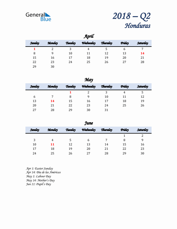 April, May, and June Calendar for Honduras with Sunday Start