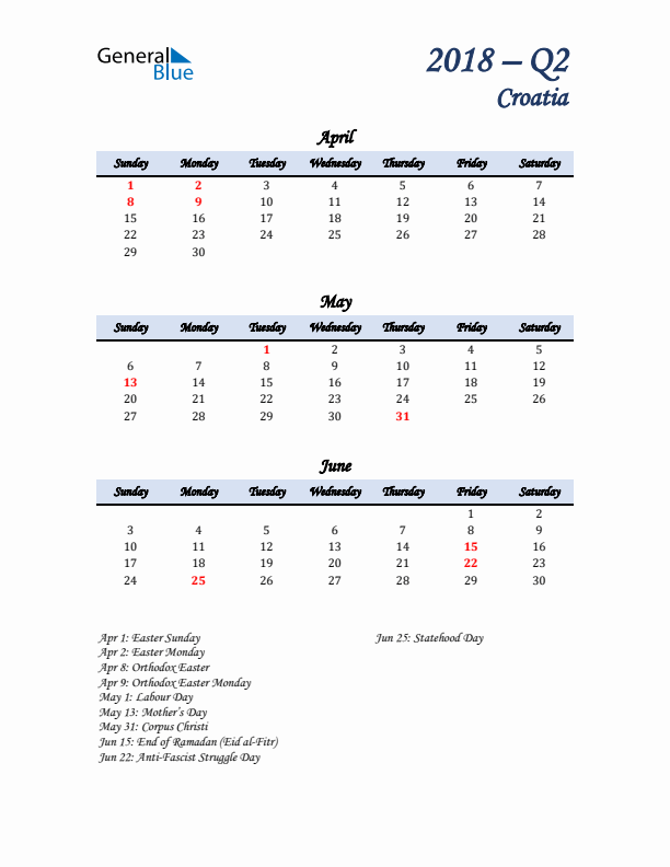 April, May, and June Calendar for Croatia with Sunday Start