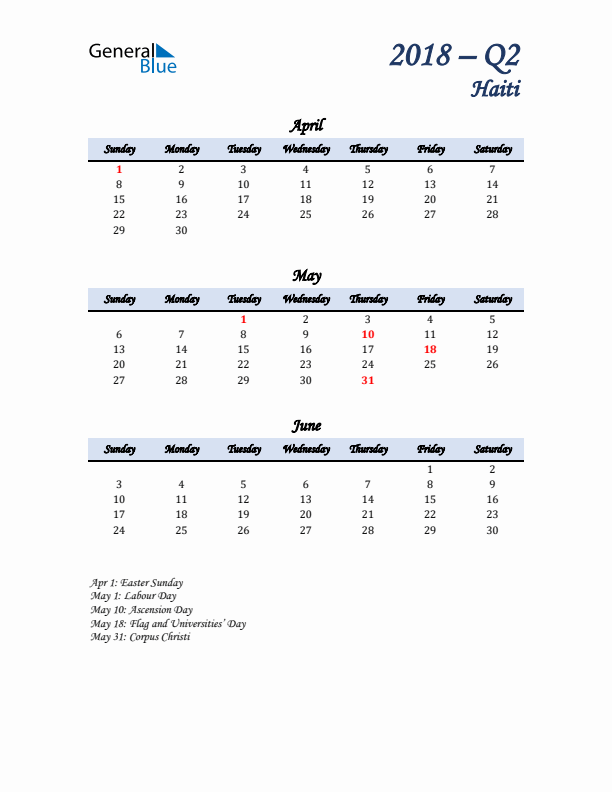 April, May, and June Calendar for Haiti with Sunday Start