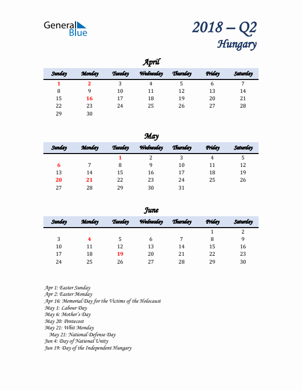 April, May, and June Calendar for Hungary with Sunday Start