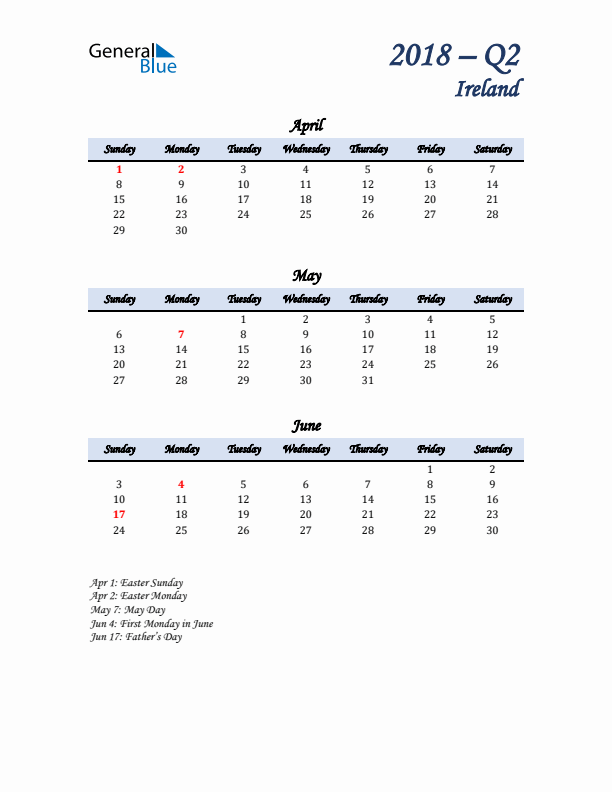 April, May, and June Calendar for Ireland with Sunday Start