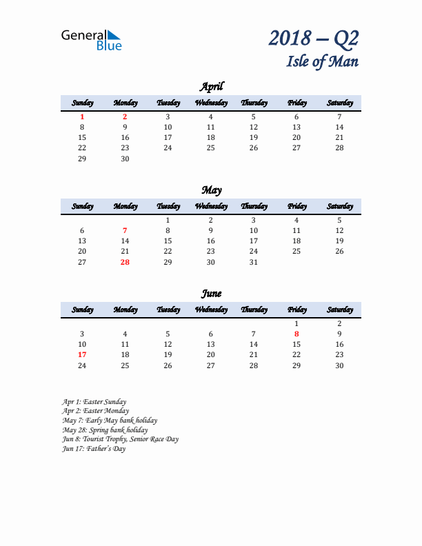 April, May, and June Calendar for Isle of Man with Sunday Start