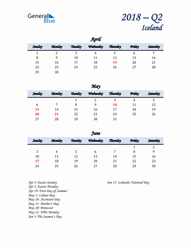 April, May, and June Calendar for Iceland with Sunday Start