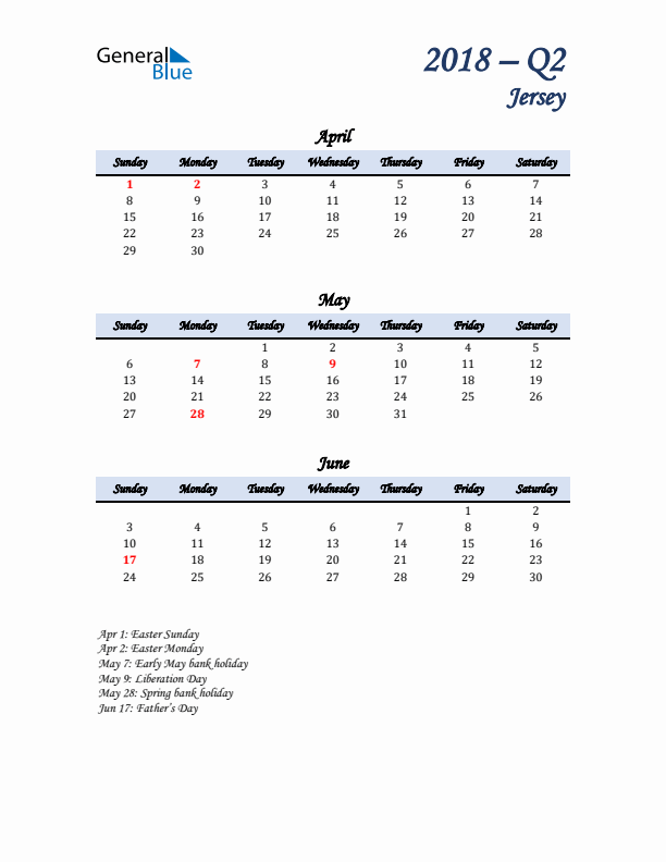 April, May, and June Calendar for Jersey with Sunday Start