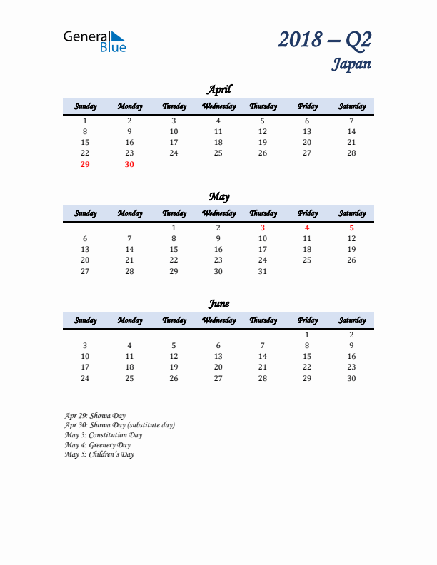 April, May, and June Calendar for Japan with Sunday Start