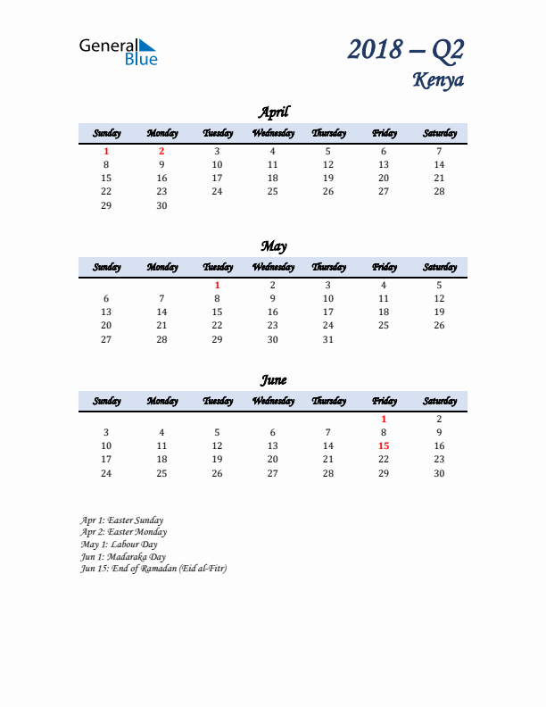 April, May, and June Calendar for Kenya with Sunday Start