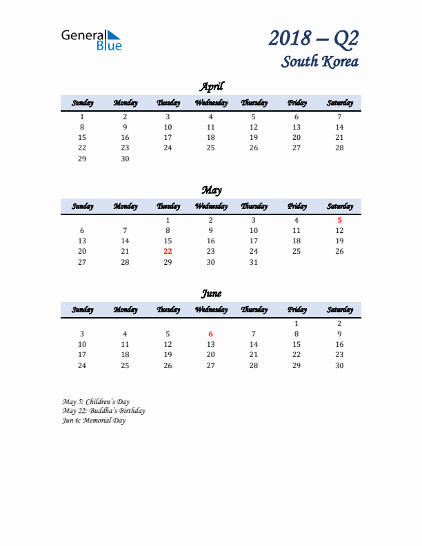 April, May, and June Calendar for South Korea with Sunday Start