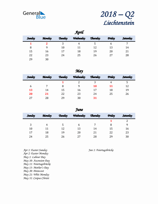 April, May, and June Calendar for Liechtenstein with Sunday Start