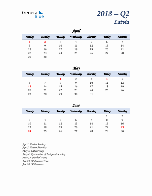 April, May, and June Calendar for Latvia with Sunday Start