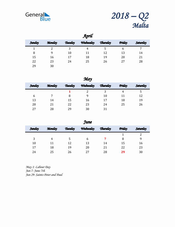 April, May, and June Calendar for Malta with Sunday Start