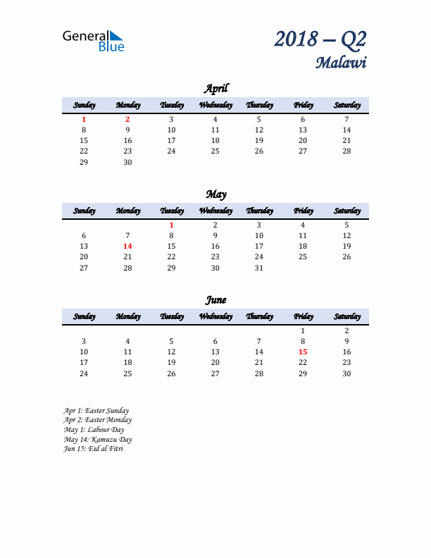 April, May, and June Calendar for Malawi with Sunday Start