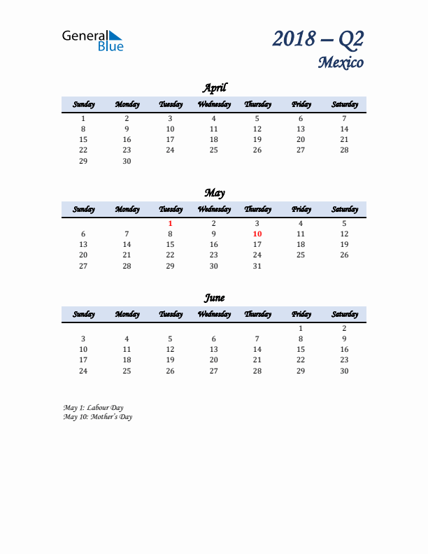 April, May, and June Calendar for Mexico with Sunday Start