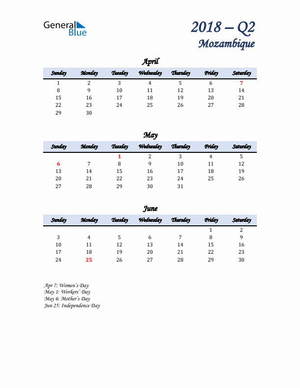 April, May, and June Calendar for Mozambique with Sunday Start