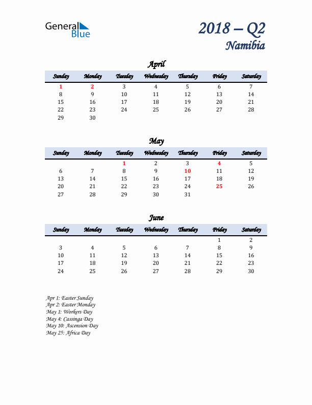 April, May, and June Calendar for Namibia with Sunday Start