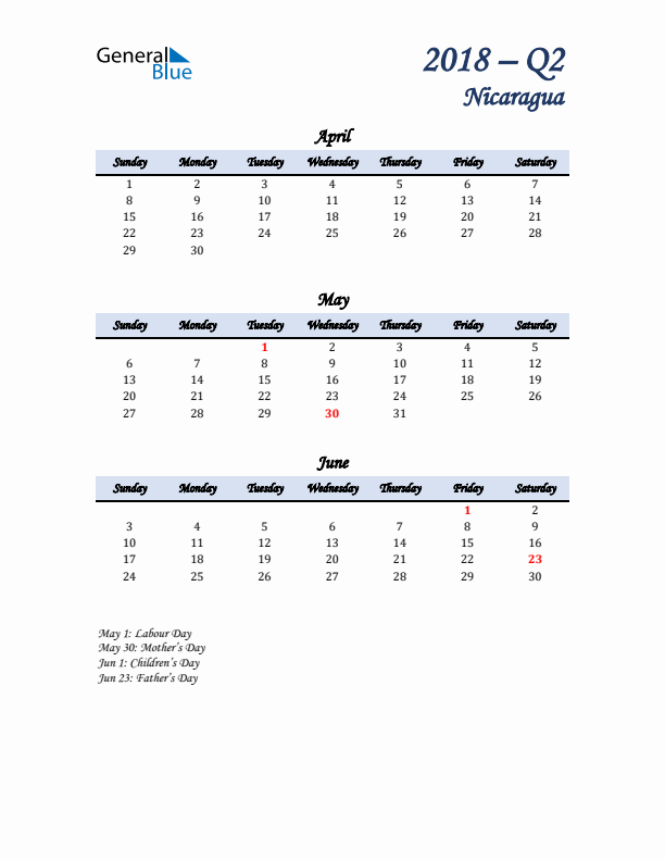 April, May, and June Calendar for Nicaragua with Sunday Start